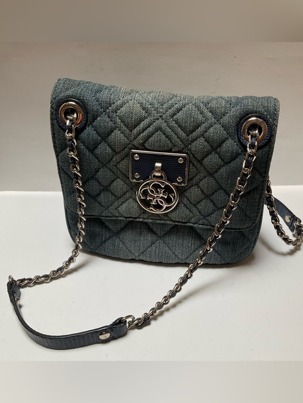 GUESS Purse Denim Blue Jean Quilted Flap Handbag Shoulder Bag Silver Chain